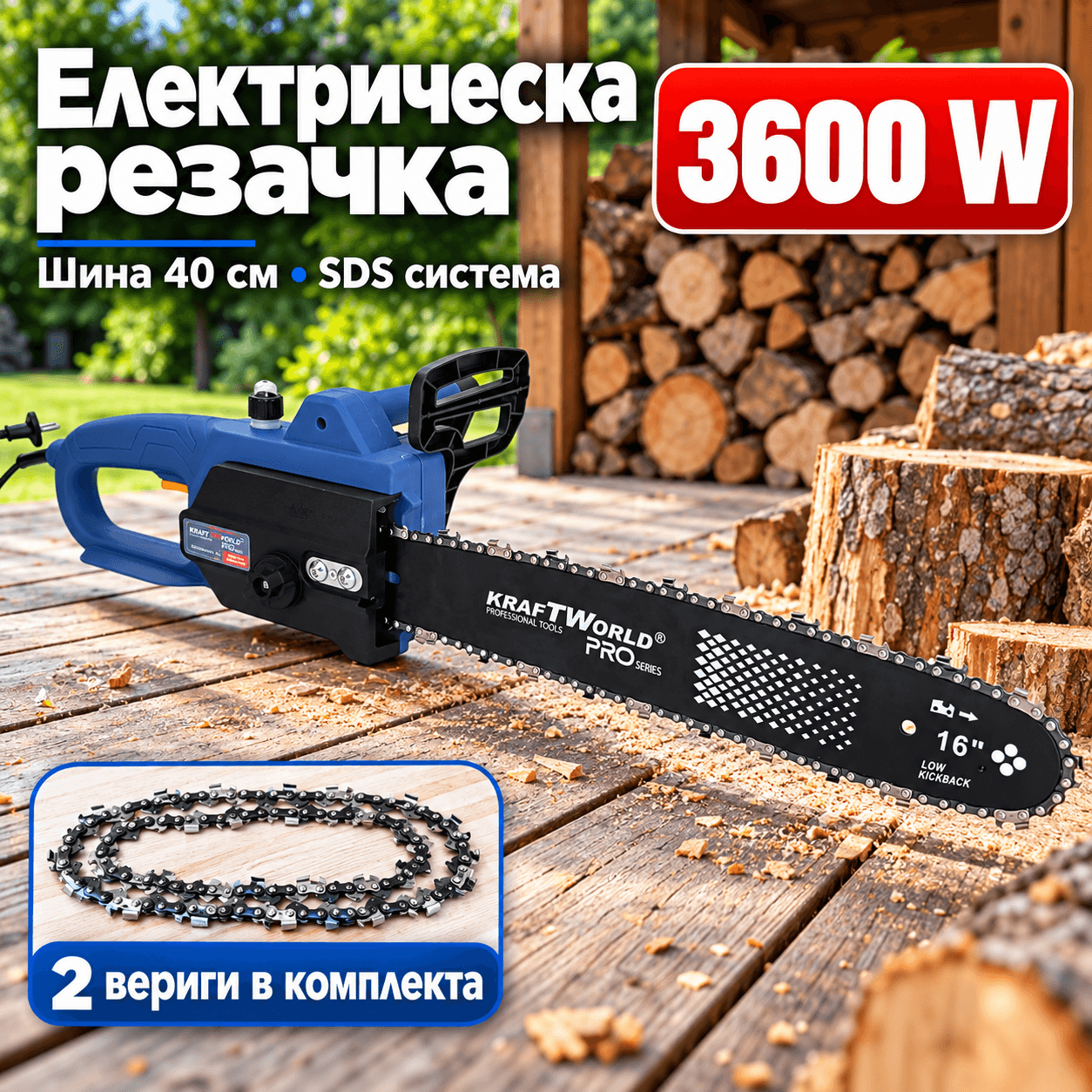 Електрическа Резачка за дърва KraftWorld 3600W– 220V, 40 см, две вериги