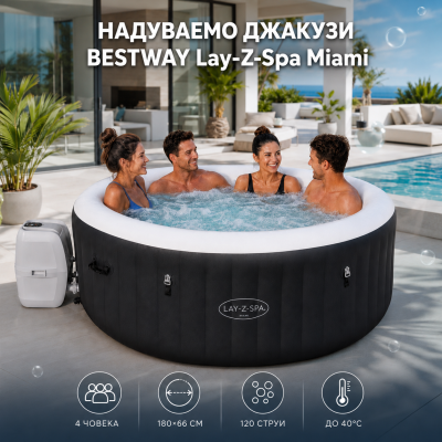 Джакузи BESTWAY Lay-Z-Spa Miami 180×66 см, 800 л, до 40°C