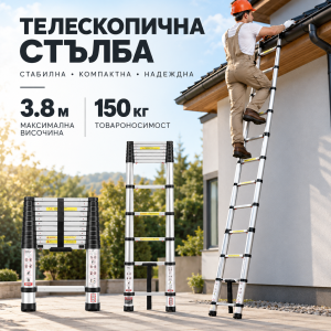Телескопична алуминиева стълба 3.8 м, сгъваема, до 150 кг