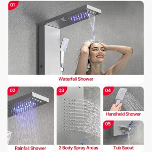 Душ панел с хидромасаж и LED, 5 в 1 с дъжд, водопад, хидромасаж и ръчен душ, неръждаема стомана - Image 6