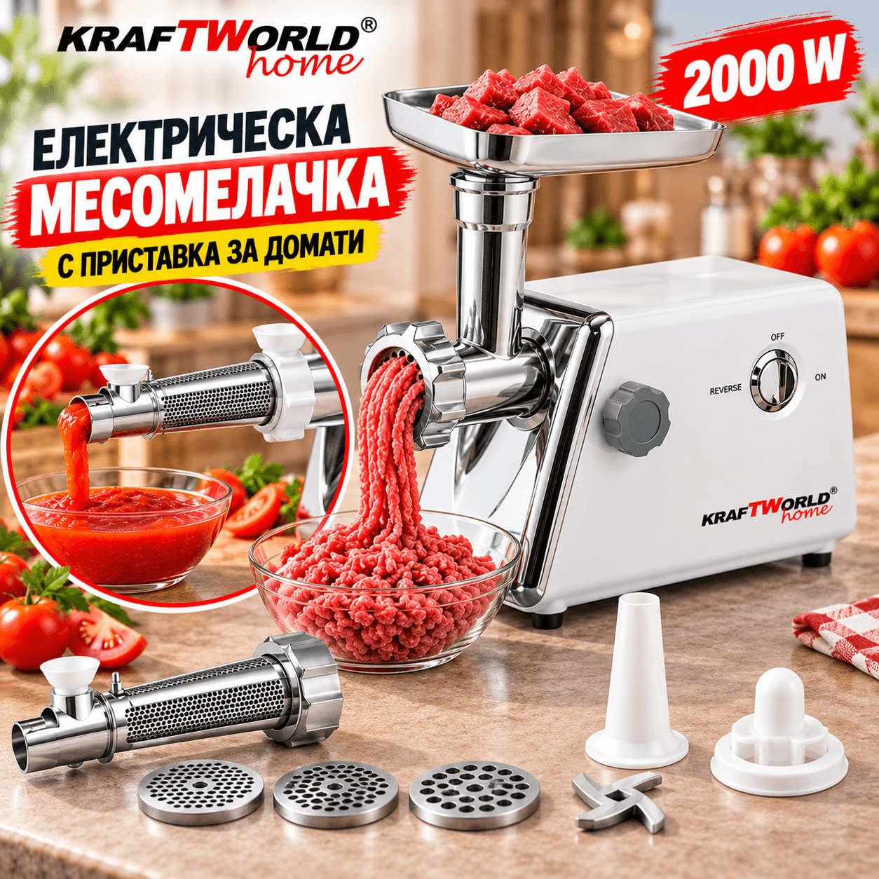 Електрическа месомелачка KraftWorld KW-2955, 2000W, с 3 решетки, приставка за домати и фуния