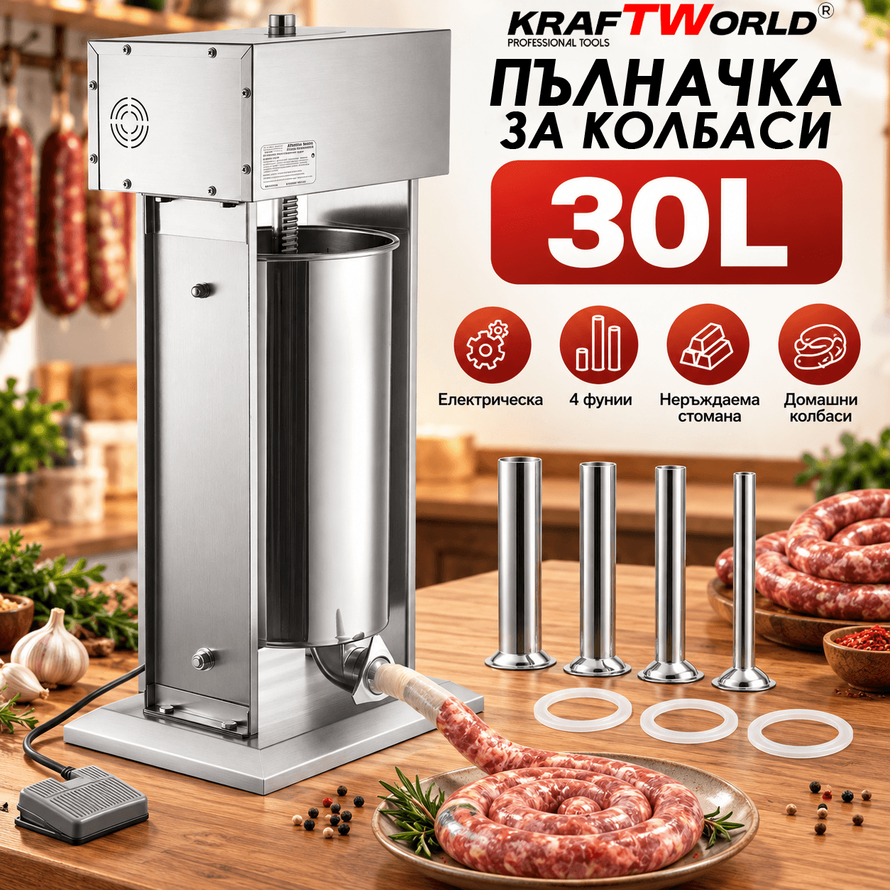 Професионална Електрическа пълначка за наденици и суджуци KraftWorld 30 л, 400W
