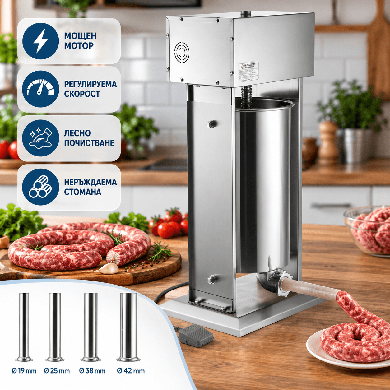 Професионална Електрическа пълначка за наденици и суджуци KraftWorld 30 л, 400W - Image 2