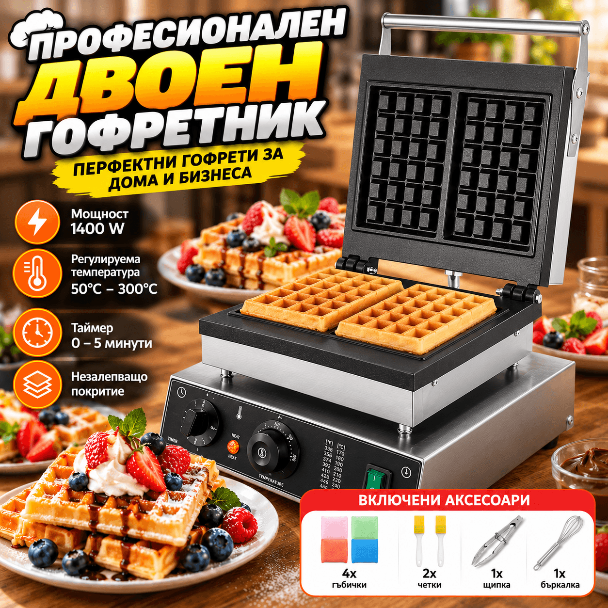 Професионален гофретник 2000 W за 2 правоъгълни гофрети