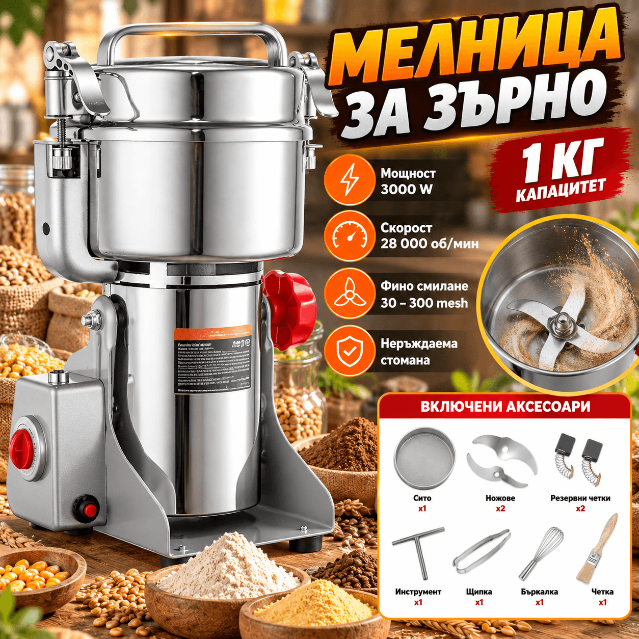 Електрическа мелачка за зърно и подправки 1 кг, 3000 W